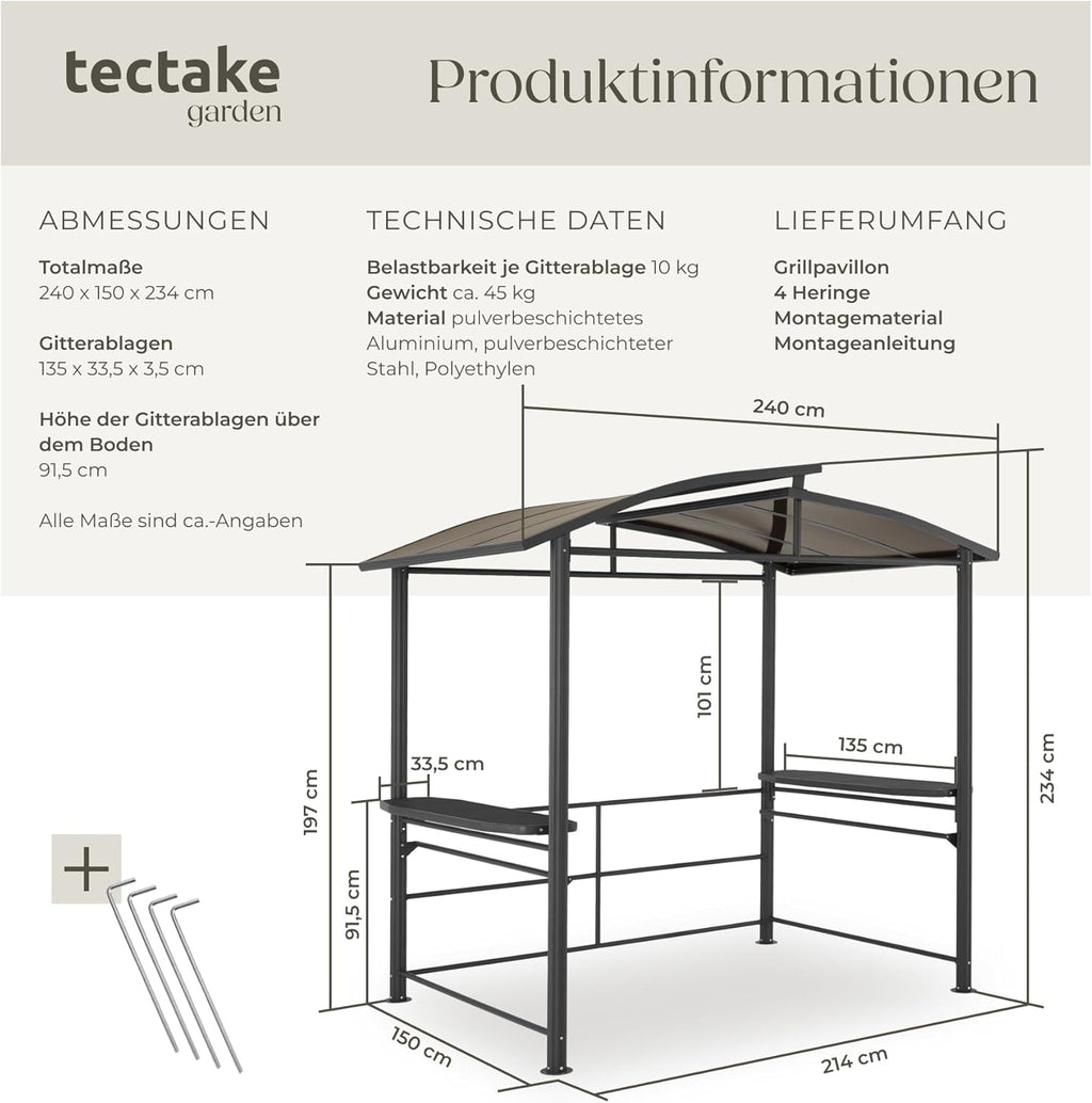 tectake® Outdoor Grillpavillon, Überdachung für Grill, Metall Pavillon für Outdoorküche auf Balkon, Garten oder Terrasse, Sichtschutz, Terrassenüberdachung, Gartenpavillon 240 x 150 x 234 - grau