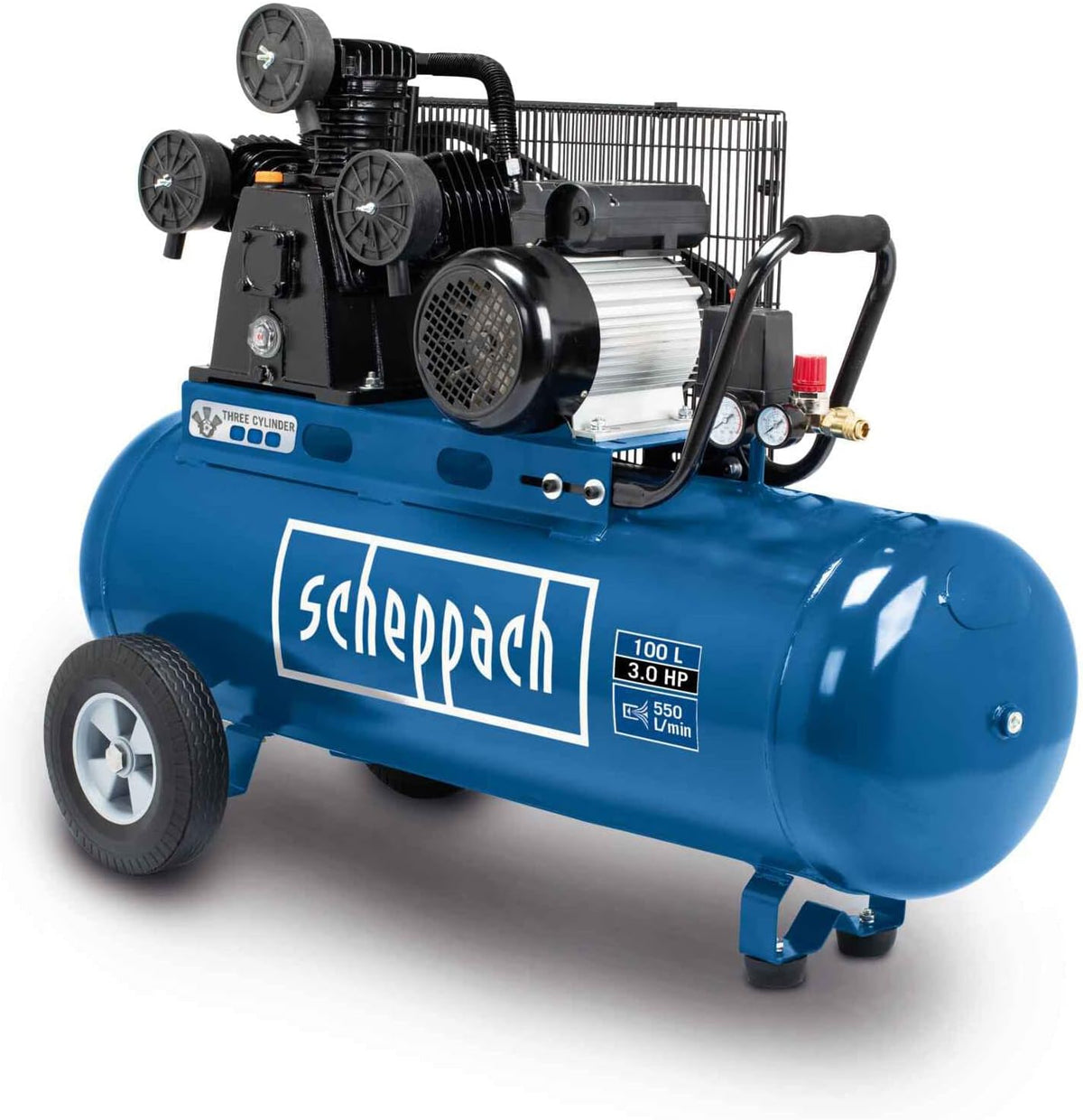 Scheppach Druckluft Kompressor HC550TC 3 Zylinder Riemenantrieb 230V Anschluss 3 PS Leistung Ansaugleistung 550 L/min 10bar Arbeitsdruck 100L Kessel mit Fahrvorrichtung und Druckminderer