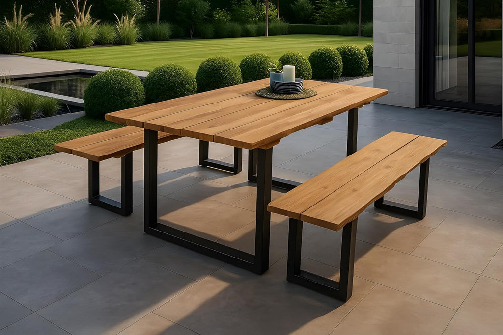 SAM Gartentisch Bogota | 180 x 90 cm | Teakholz massiv | echte Baumkante | U-Gestell Metall Schwarz | Outdoor-Esstisch & Unikat für Garten & Terrasse