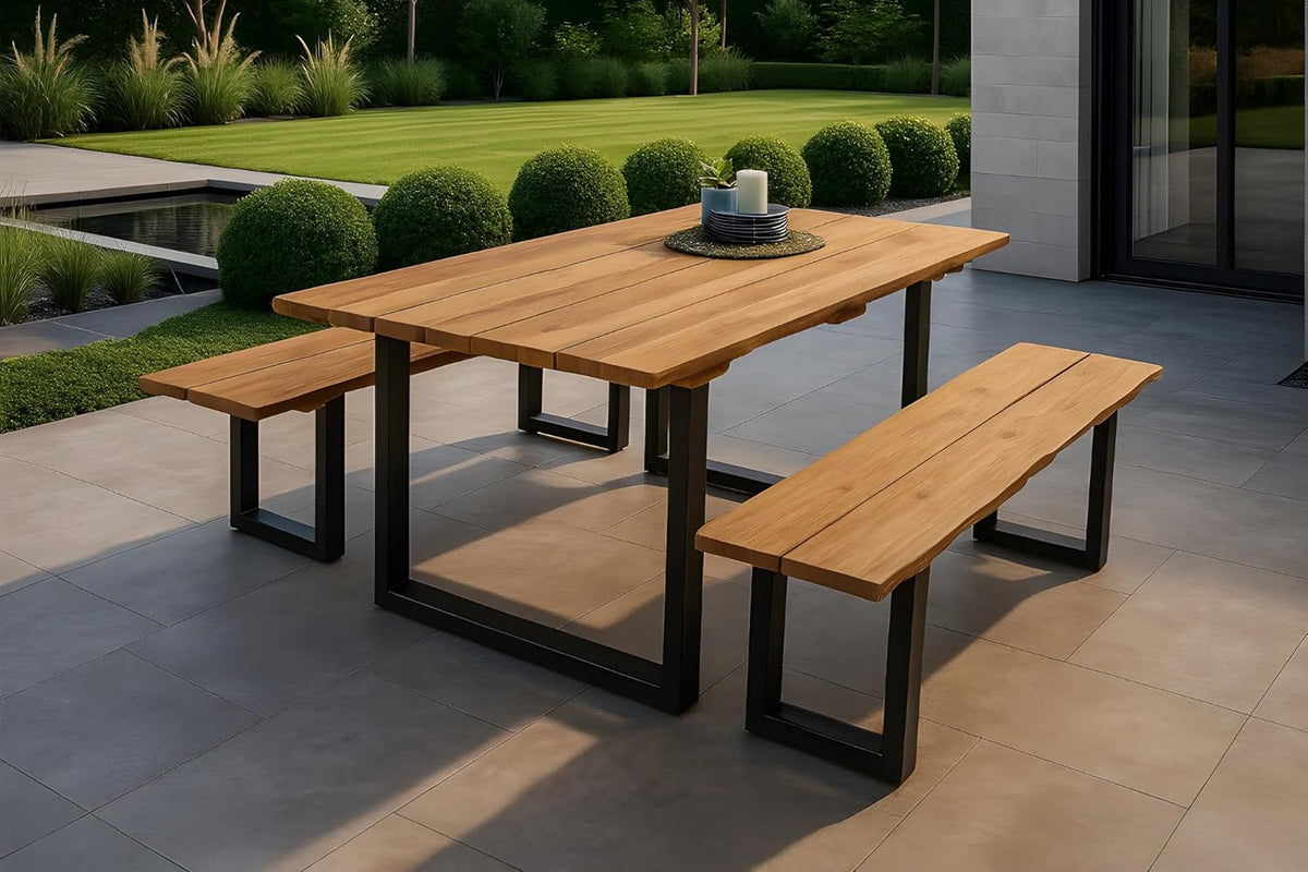 SAM Gartentisch Bogota | 180 x 90 cm | Teakholz massiv | echte Baumkante | U-Gestell Metall Schwarz | Outdoor-Esstisch & Unikat für Garten & Terrasse