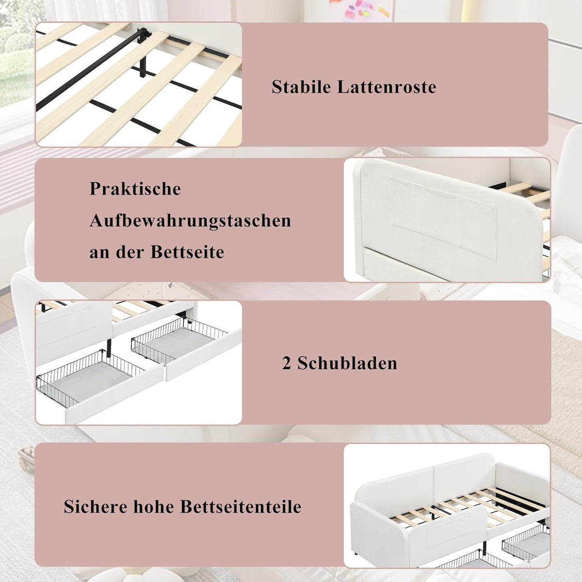 ANIROY Kinder-Spleißbett 90x200cm, Polsterbett, Schlafsofa Daybett Tagesbett Einzelbett mit Metallbettgestell & 3 Aufbewahrungstaschen & 2 Schubladen auf Rollen, Samt, Weiß