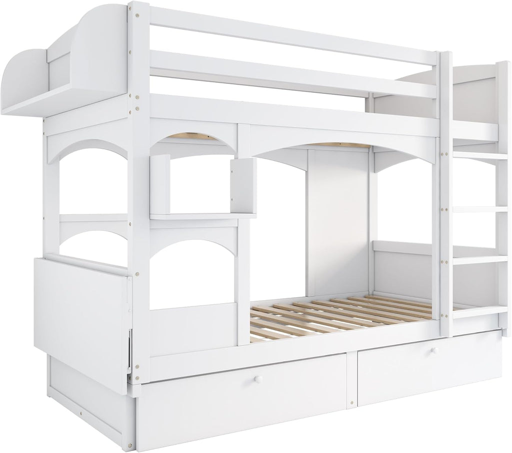 Kinderbett Etagenbett 2 Kinder 90x200 cm mit Klapp-Schreibtisch und Regal, Jugendbett Hochbett mit Rausfallschutz und 2 Schubladen, Holzbett Bettgestell mit Lattenrost, Weiß, Ohne Matratze