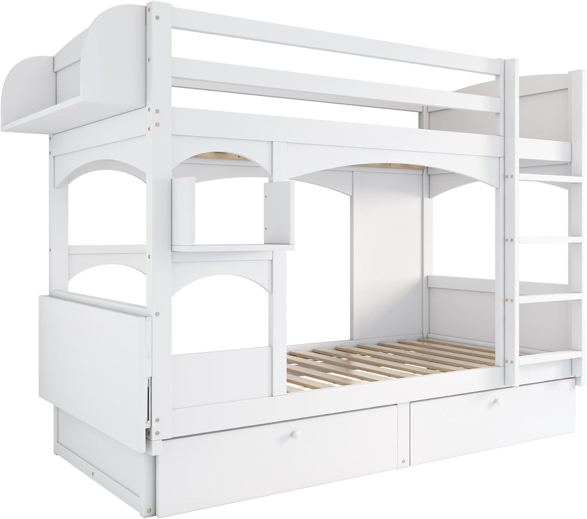 Kinderbett Etagenbett 2 Kinder 90x200 cm mit Klapp-Schreibtisch und Regal, Jugendbett Hochbett mit Rausfallschutz und 2 Schubladen, Holzbett Bettgestell mit Lattenrost, Weiß, Ohne Matratze