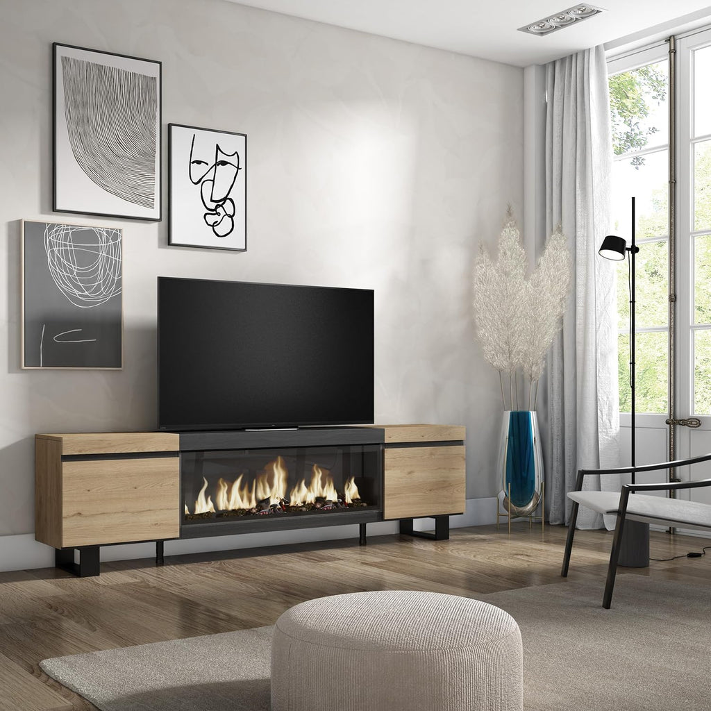 Skraut Home | TV-Schrank, Lowboard | für Wohnzimmer und Esszimmer | 210 | Für TV-Geräte bis zu 80" | Elektrokamin XXL | Industriedesign | Moderner Stil | Eiche Schwarz