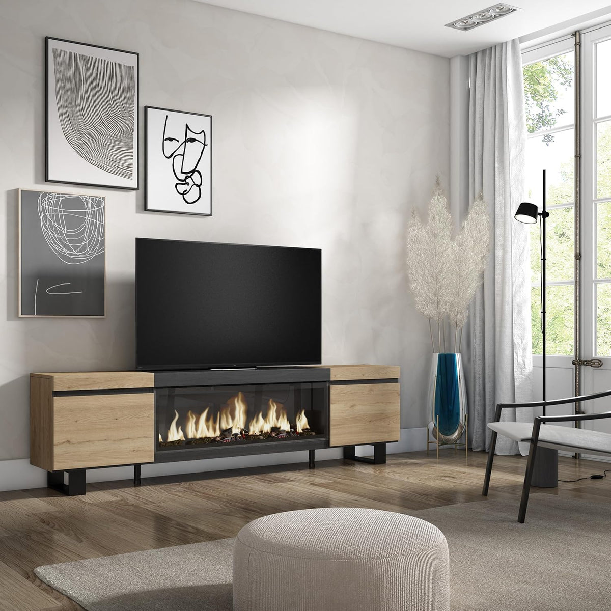 Skraut Home | TV-Schrank, Lowboard | für Wohnzimmer und Esszimmer | 210 | Für TV-Geräte bis zu 80" | Elektrokamin XXL | Industriedesign | Moderner Stil | Eiche Schwarz