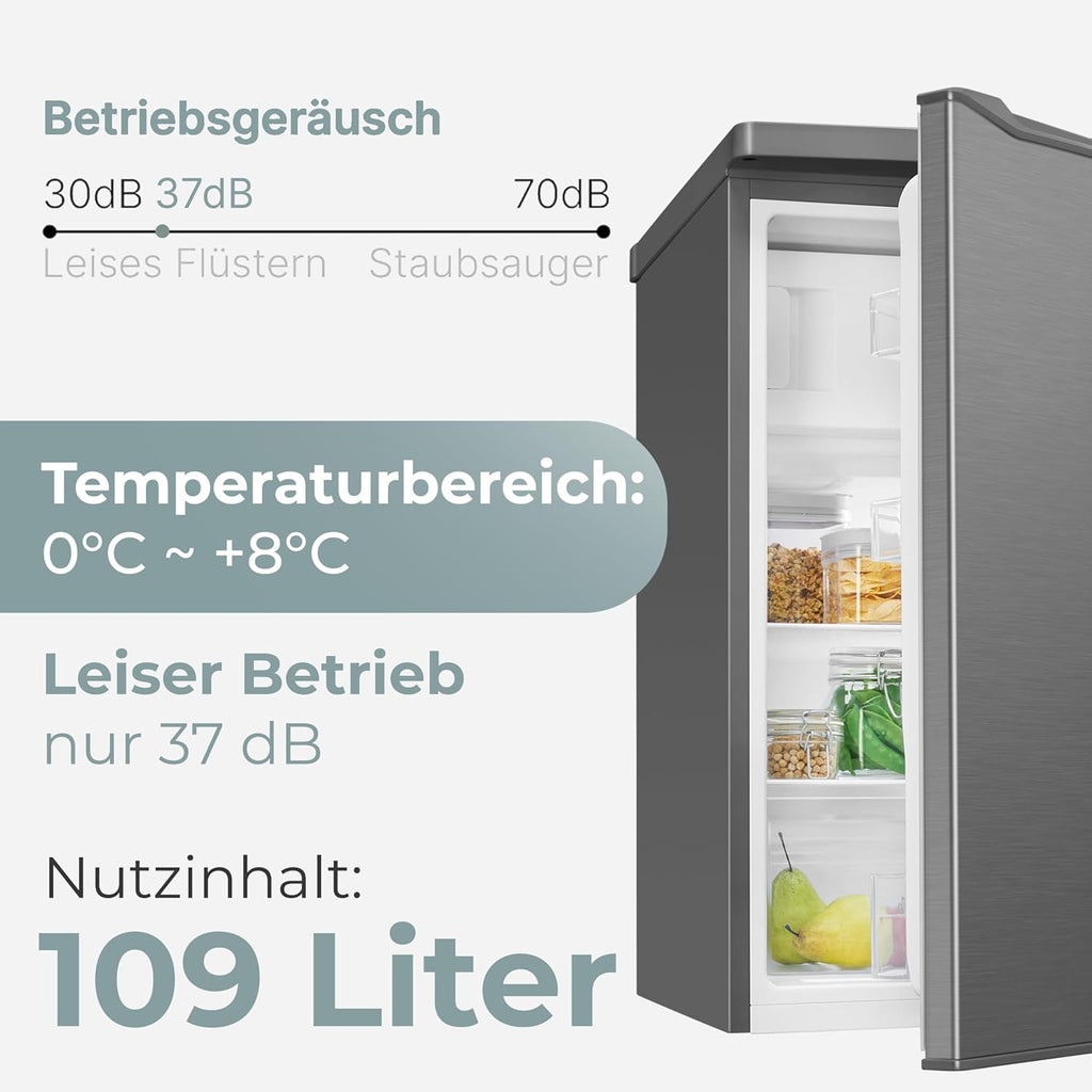 Clatronic® Kühlschrank mit Gefrierfach | Energieklasse C | 85cm | Kühl schrank klein | leise 37dB | Türanschlag wechselbar | 0°C - 8°C | 109L Fridge | kleiner Kühl-schrank KS 101 inox