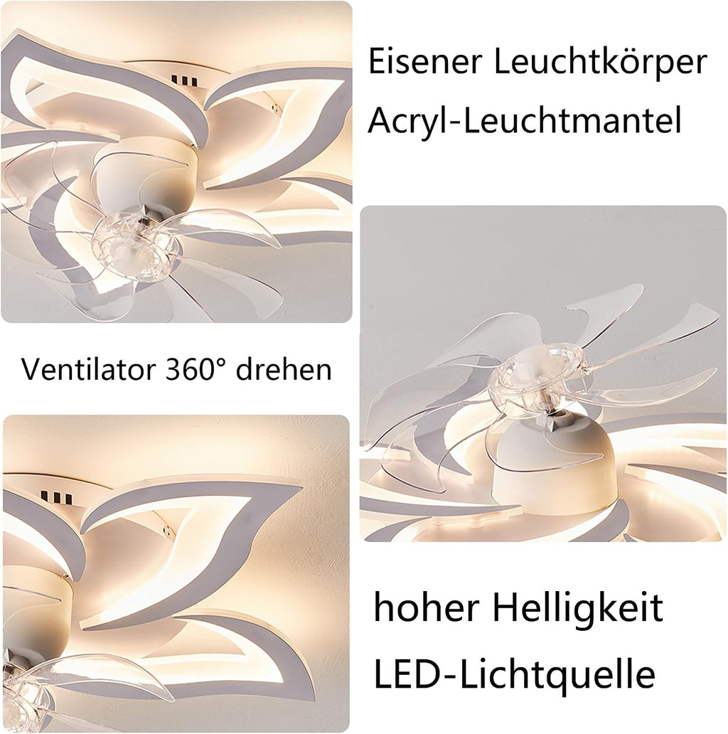 Leise LED Deckenventilator mit Beleuchtung,360° Drehbar Fan Lampe,69cm Dimmbare Deckenlampe mit Ventilator und Fernbedienung/APP,Timer 6 Geschwindigkeiten Lampe mit Ventilator (Weiß)