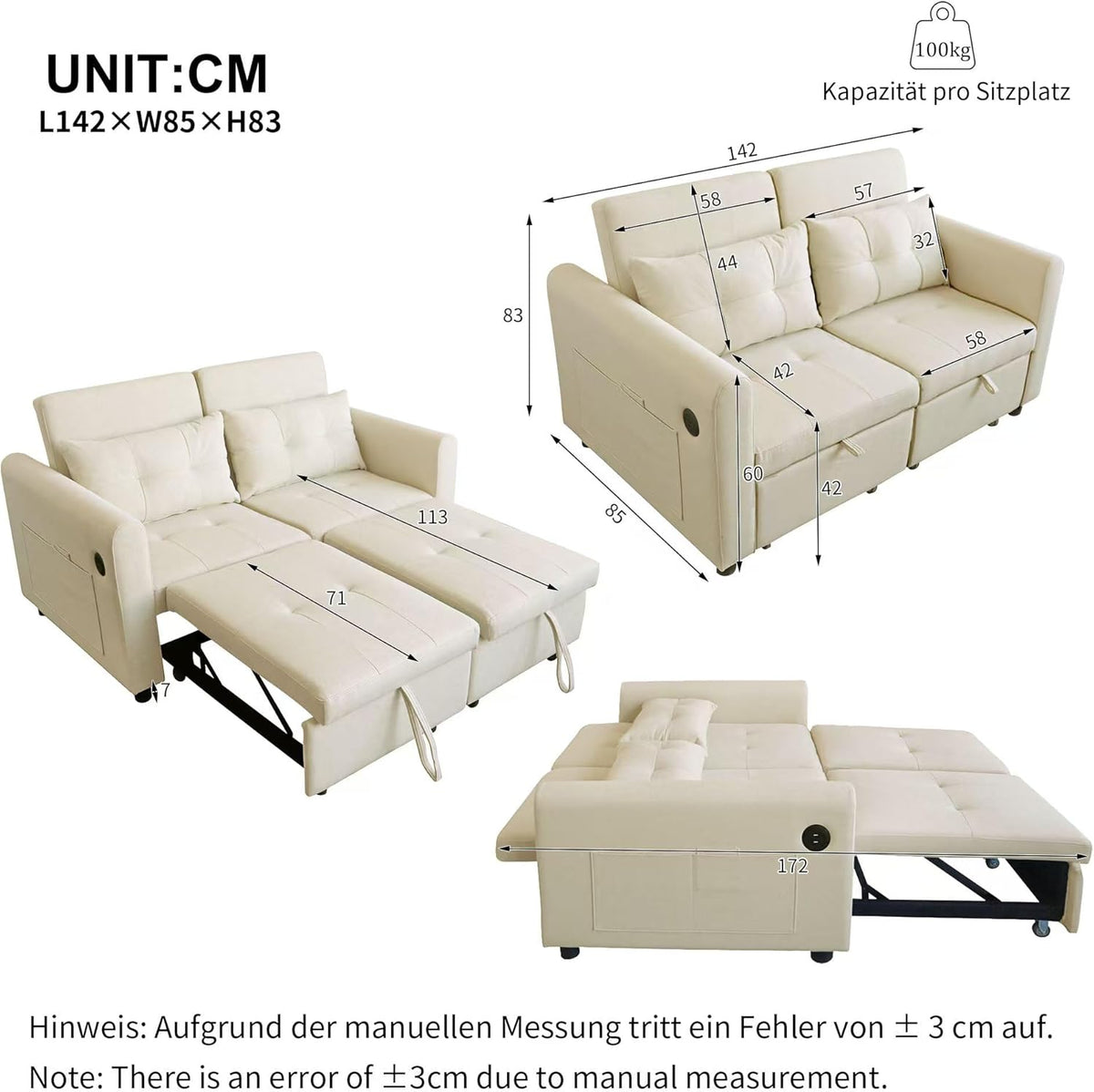 Loveseat-Sofa, 3-in-1-Ausziehsofa mit Verstellbarer Rückenlehne, USB, Armlehnentaschen und Kissen. Geeignet für Wohnzimmer, Schlafzimmer, Wohnung Usw.，Beige
