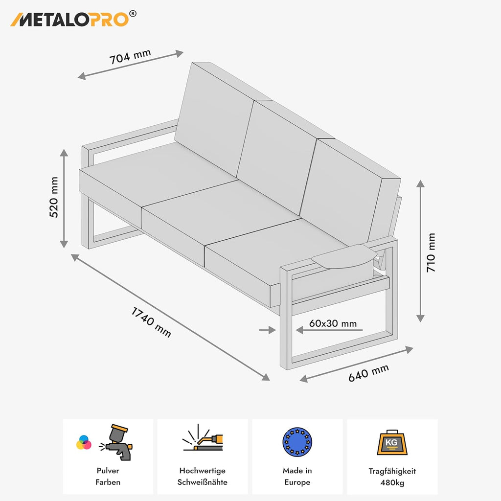 Gartensofa, 1x Dreisitzer, Metallrahmen mit Cordstoff Kissen, Terrassensofa, Outdoor Sofa, für Terrasse, Balkon, Garten, Ozeantiefe