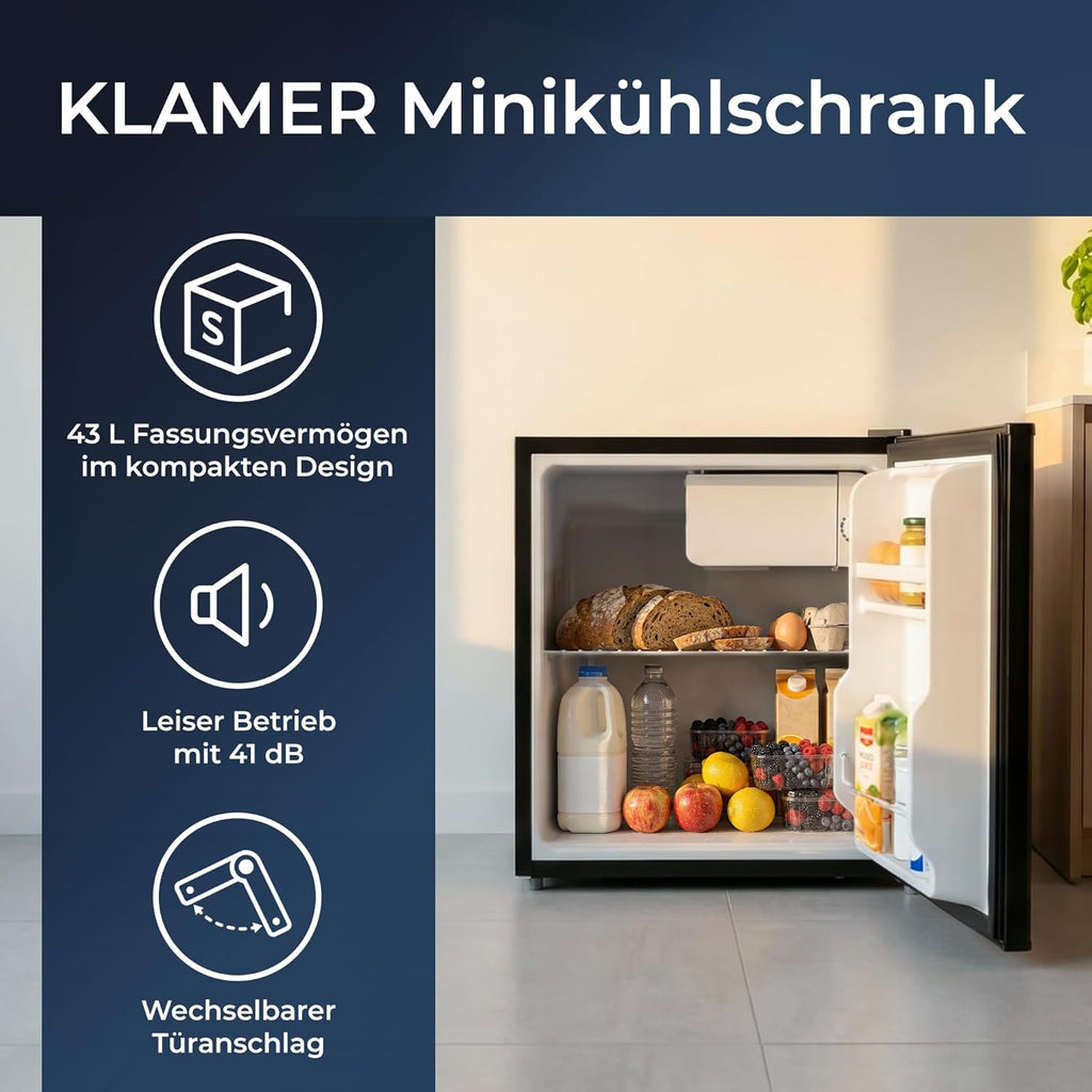 KLAMER Mini Kühlschrank mit Gefrierfach 43 L, Kleiner Kühlschrank Schwarz, 6 Kühlstufen, Kompressor, Gefrierzone, Herausnehmbares Gitter, Minibar, Kühlschrank Klein