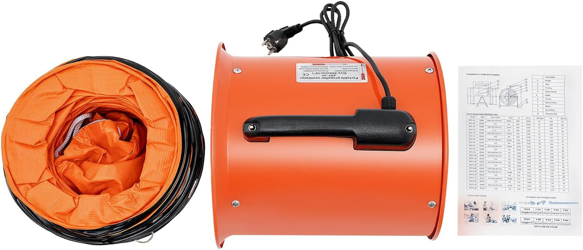 Gebläse mit 10m Kanalschlauch, 250mm Tragbarer Industrieventilator, 220V 320W Axialgebläse, IP44 Freistehender Baulüfter für Baustelle und Werkstatt