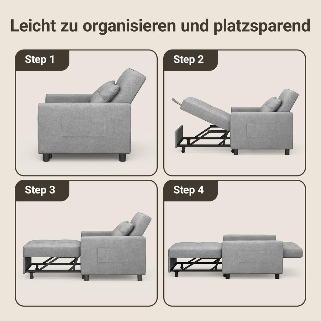 Xbro Schlafsessel 3-in-1-Convertible-Stuhl-Bett, Schlaferstuhl mit bettfunktion, Verstellbares Schlafsofa mit Kissen und Tasche, Sessel mit schlaffunktio für kleine Wohnung (Hellgrau)