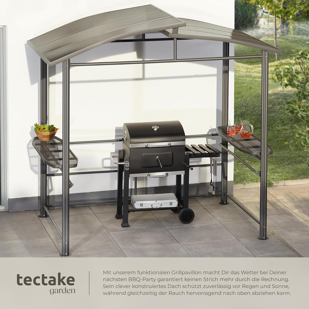 tectake® Outdoor Grillpavillon, Überdachung für Grill, Metall Pavillon für Outdoorküche auf Balkon, Garten oder Terrasse, Sichtschutz, Terrassenüberdachung, Gartenpavillon 240 x 150 x 234 - grau