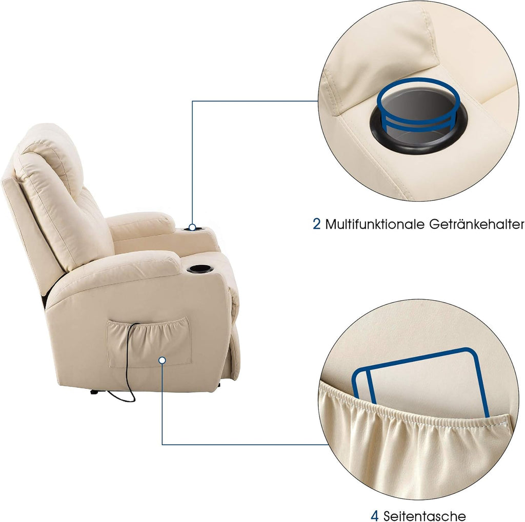 M MCombo Elektrisch Relaxsessel Massagesessel Fernsehsessel Liegefunktion Vibration Heizung 7061 neues Modell (Cremeweiß-Kunstleder)