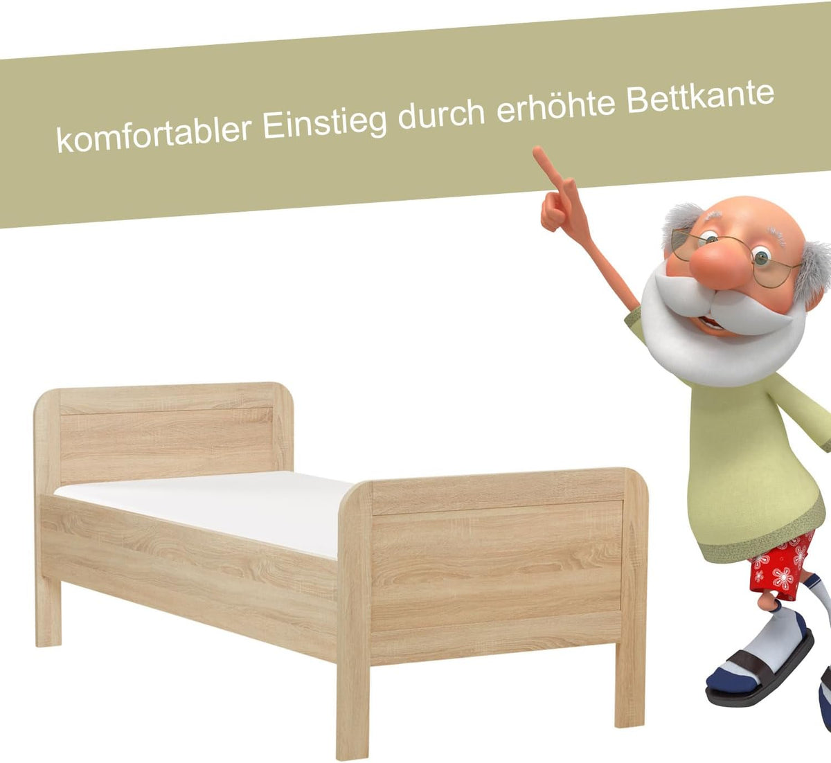 Homestyle4u Komfortbett Bett Senioren Seniorenbett 120x200 Komforthöhe Natur Holz erhöhter Einstieg extra hoch | Artikel 3120