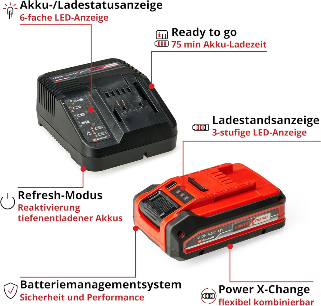 Einhell Akku-Laubbläser GP-LB 18/200 Li E Power X-Change (18V, Brushless, Drehzahlregulierung, Axialgebläse-Technologie, inkl. 4,0 Ah Akku und Ladegerät)