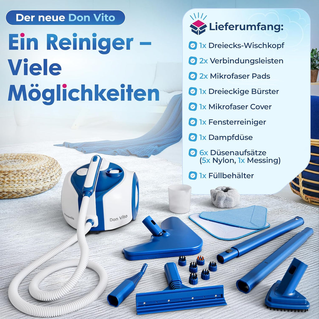 Primavella Don Vito Leistungsstarker Dampfreiniger für Böden, Polstermöbel und Badezimmer, mit 3,5 bar Druck, 16 Zubehörteilen für Fugen und Sofas, vielseitiger Dampfreiniger
