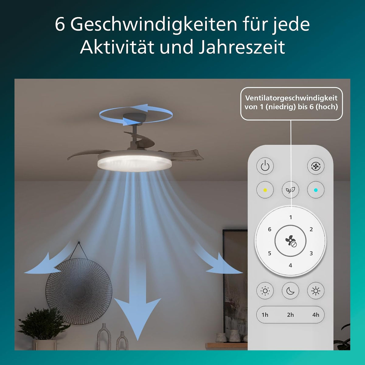 PHILIPS Solr Deckenventilator mit LED-Licht und Einziehbaren Flügeln, 3 Flügel, 106 cm Flügelspannweite, 4.500 Lumen, Drei Weißstufen (2.700 K/4.000 K/5.500 K), Dimmbar bis 10%, Inkl. Fernbed., Weiß