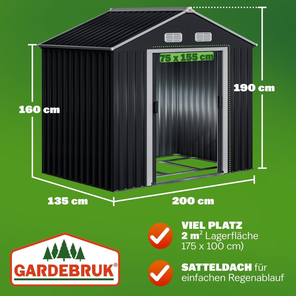 GARDEBRUK® XL Metall Gerätehaus 2m² mit Fundament 196x132x188cm Schiebetür Anthrazit Geräteschuppen Gartenhaus Schrank 4m³