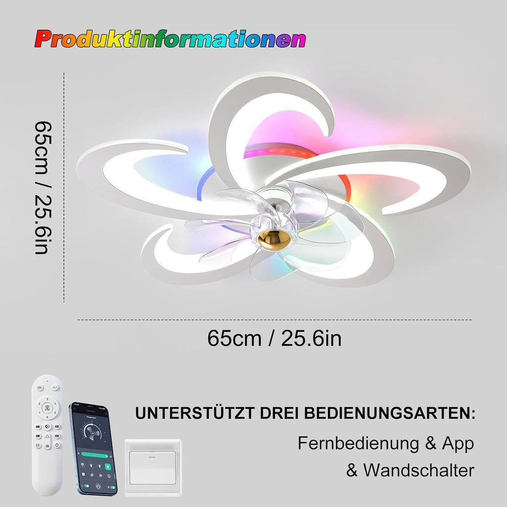 RGB Deckenlampe Mit Ventilator, Dimmbar Deckenventilator mit Beleuchtung und Fernbedienung/APP, RGB Deckenventilator mit Lampe für Schlafzimmer, Wohnzimmer, Leise, 6-Speed