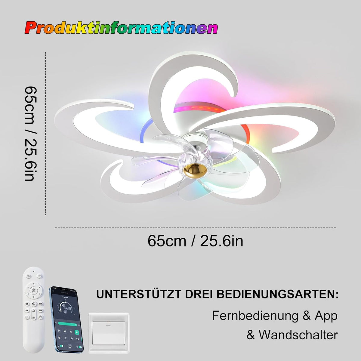 RGB Deckenlampe Mit Ventilator, Dimmbar Deckenventilator mit Beleuchtung und Fernbedienung/APP, RGB Deckenventilator mit Lampe für Schlafzimmer, Wohnzimmer, Leise, 6-Speed
