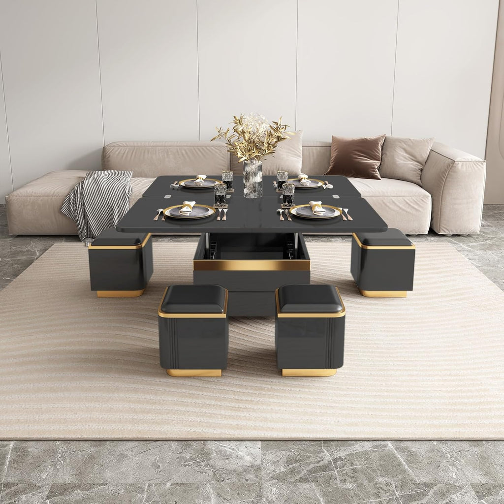 Guyii Höhenverstellbarer Couchtisch 120 cm lang mit Ablage, Multifunktionaler Cauchsofa Tisch, Coffee Table mit integriertem Stauraum und Klapptisch, Moderner Design für Wohnzimmer (schwarz)