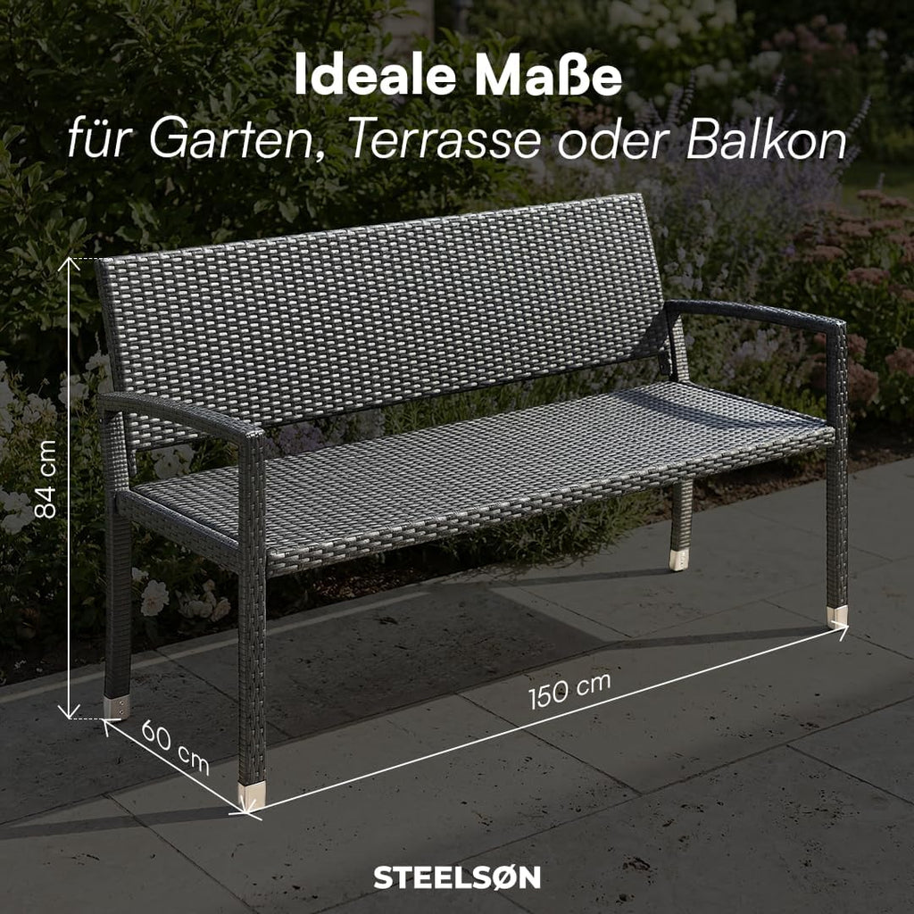 STEELSØN Mirador Gartenbank 3 Sitzer schwarz – Sitzbank Outdoor aus Polyrattan – Balkonbank wetterfest – Rattanbank mit ergonomischer Lehne – Parkbank bis 320kg belastbar – Bank für Garten/Terrasse