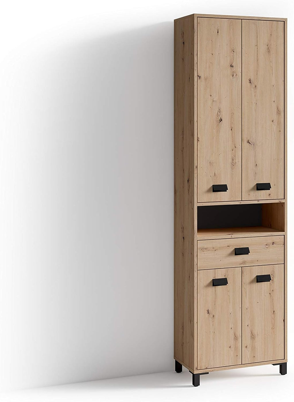 byLIVING Badezimmer-Hochschrank WELLNESS / Badschrank in Artisan Eiche Optik hell-braun / Griffe aus Metall in schwarz / Badezimmerschrank 4 Türen mit offenen Elementen / B 54, H 193, T 31 cm