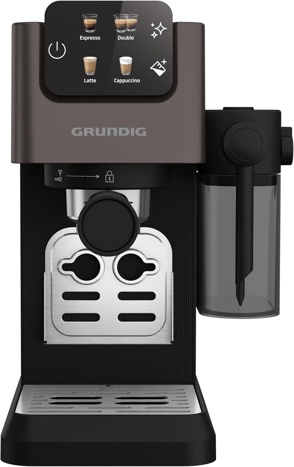 GRUNDIG KSM 5330 Siebträgermaschine mit integriertem Milchbehälter, 1628 W Leistung, 15 bar Pumpendruck, Zweifachdüse, farbiges Touch-Display, BrewSense, CreamyPro, Dark Inox/Schwarz