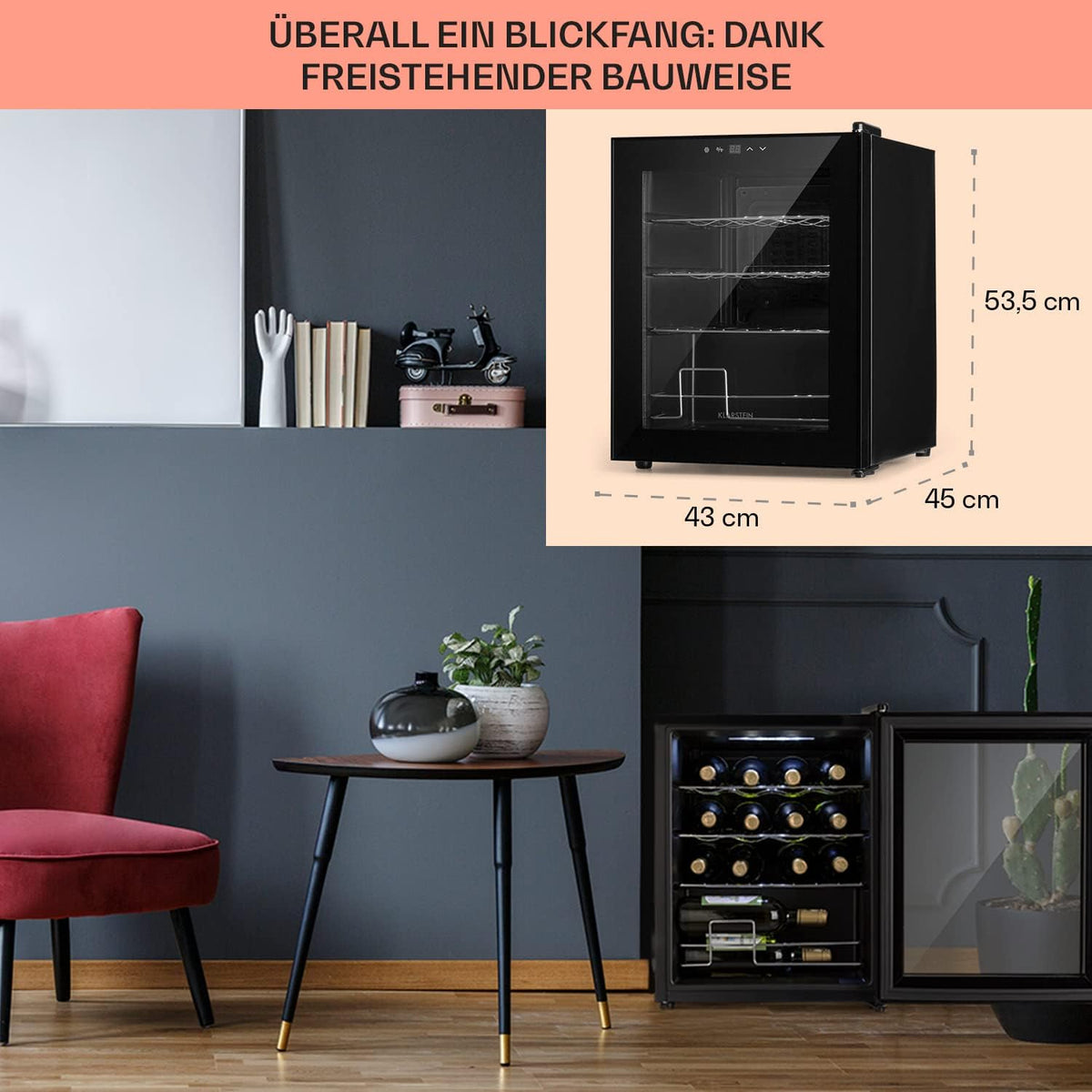 Klarstein Weinkühlschrank, 1 Zonen Getränkekühlschrank Klein, Kleiner Weinschrank 42L, Wein-Kühlschrank Klein mit Glastür, Indoor/Outdoor Flaschenkühlschrank, Wine Fridge 5-18°C, 16 Flaschen