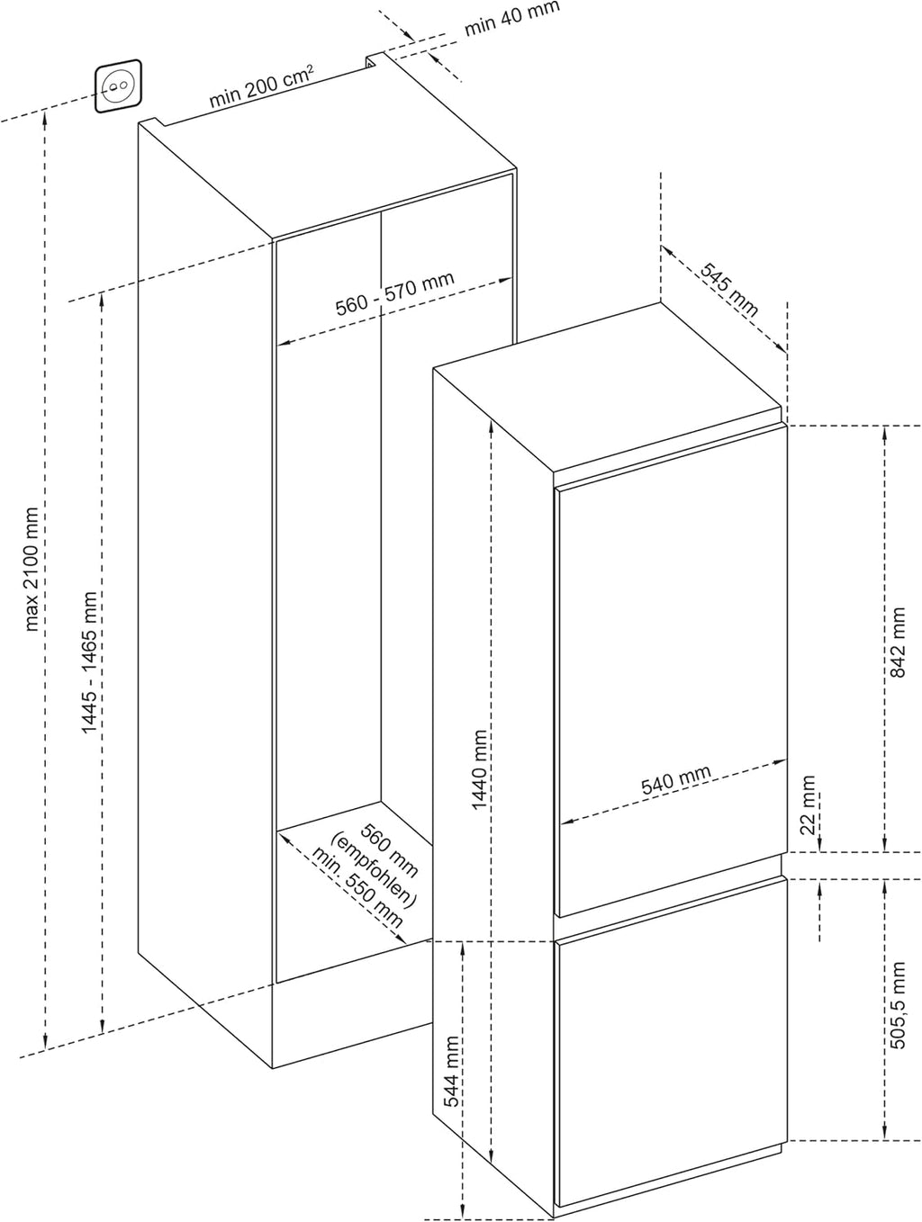 TELEFUNKEN Einbau-Kühl-Gefrierkombination | Einbaukühlschrank mit Gefrierfach (4-Sterne) | 144cm Nische | 211 Liter Gesamt-Nutzinhalt | Schlepptür | Less Frost | Temperaturregelung | C-EKG-144-ST-E