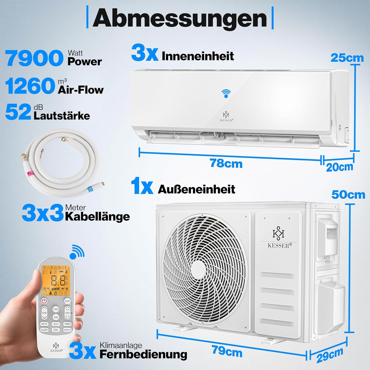 KESSER® Multisplit Klimaanlage 3 Innengeräte, 27000 BTU, Split Klimagerät Set mit WiFi/App, Heizen & Kühlen, Inverter, Eco-Modus, Luftentfeuchter & Ventilator, sehr leise, R32, Montagematerial