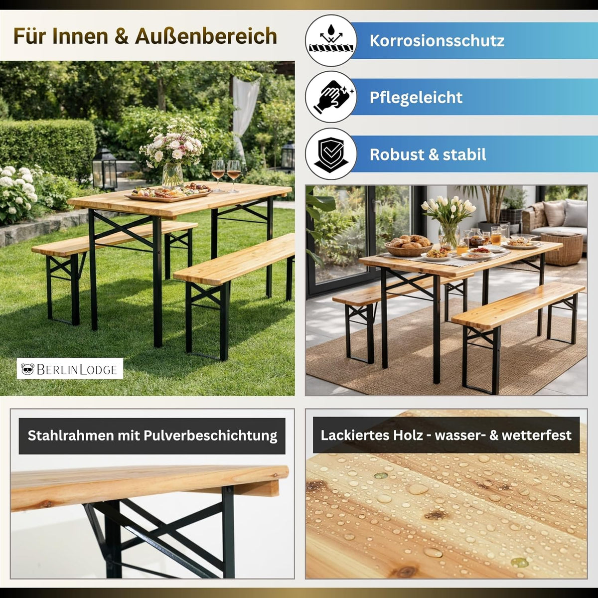 CHEFGASTRO Bierzeltgarnitur Wiesn klein & klappbar 116 cm breit 3-teilig 1x Tisch & 2X Bierbank, lackiertes Holz, Festzeltgarnitur kurz Gartenmöbel-Set Kinder Sitzgarnitur Innen & Außenbereich