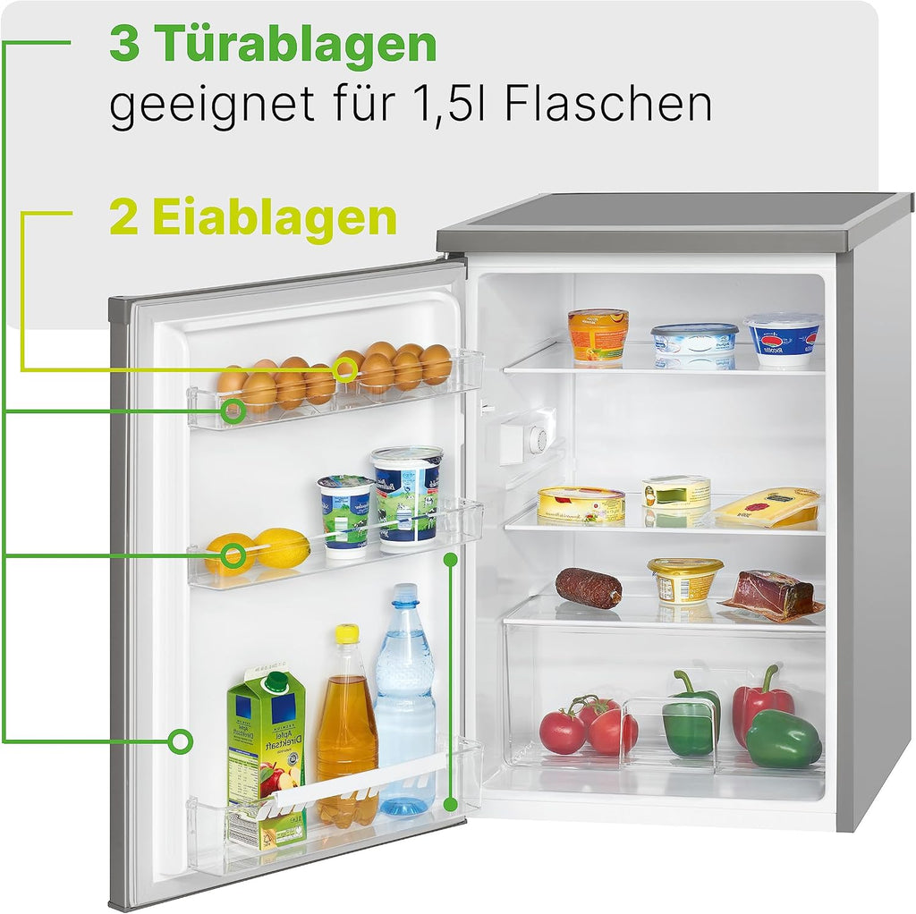 Bomann® Kühlschrank ohne Gefrierfach mit 133L Nutzinhalt | 3 Ablagen | klein m. Gemüsefach & wechselbarem Türanschlag | Tischkühlschrank leise | H:84.5 x B:56 x T: 57.5cm | VS 2185.1 inox