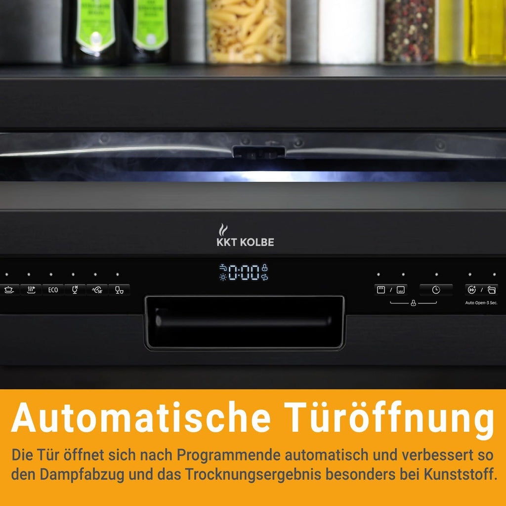KKT KOLBE 60 cm Geschirrspüler Spülmaschine Schwarz Silber Freistehend, Unterbaufähig, Besteckschublade, LED-Beleuchtung, Automatische Türöffnung, höhenverstellbar, 7 Programme, 14 Maßgedecke, DW60FSS