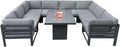 Modulares Gartenlounge-Set Groß Grau 8-Sitzer U-Form Sofa mit Kissen, Tisch & Gasfeuerstelle 9-teiliges Aluminium-Gartenmöbelset für draußen Eckset Terrasse Balkon [inkl. Wasserdichte Regenabdeckung]