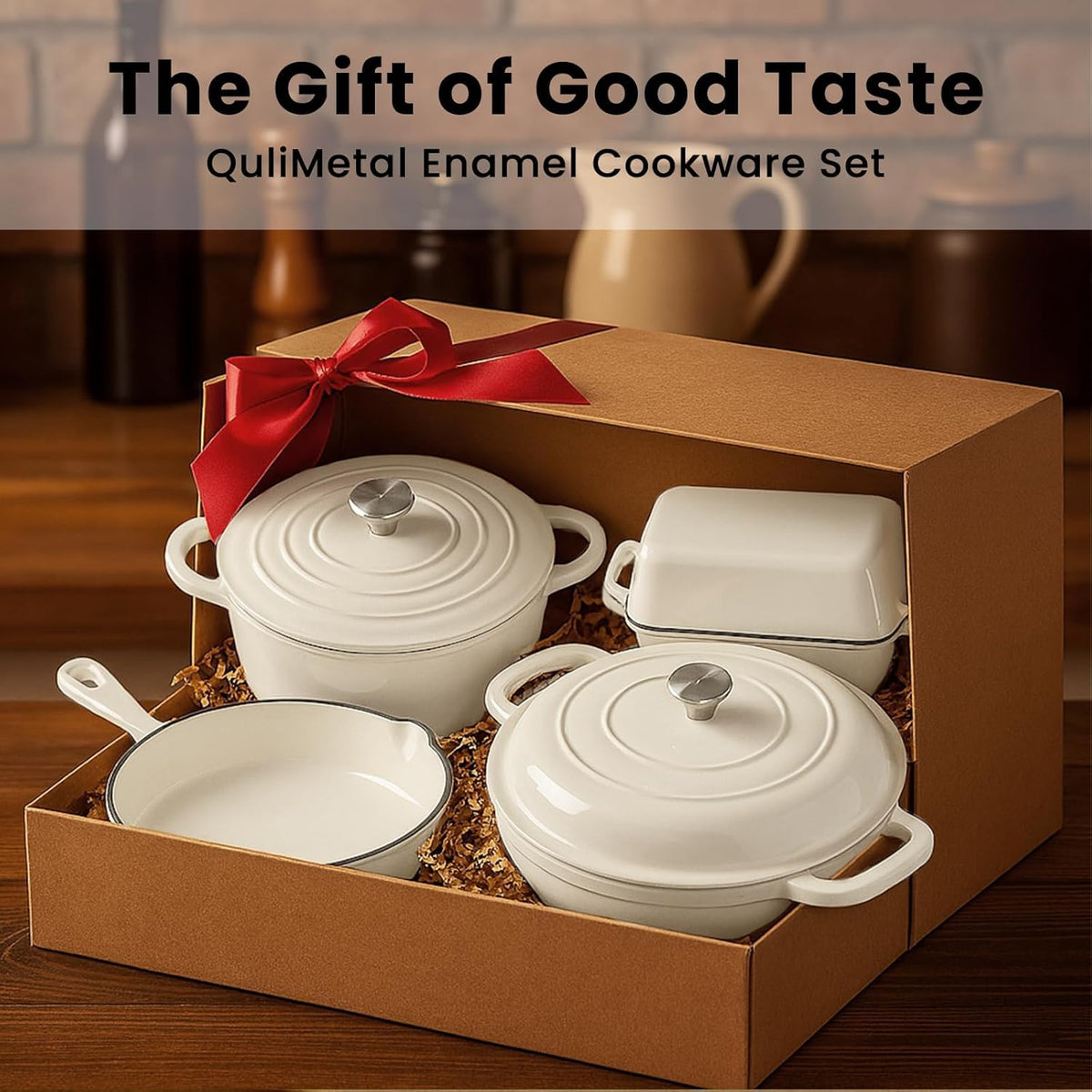 GFTIME Emaille Gusseisen Kochgeschirr Set 5-teilig, Töpfe und Pfannen Set, Schmortopf mit Deckel, Dutch Oven 2,3 QT, Bratpfanne 28 cm, Brotbackform, Ofenfest, für alle Herdarten inkl. Induktion