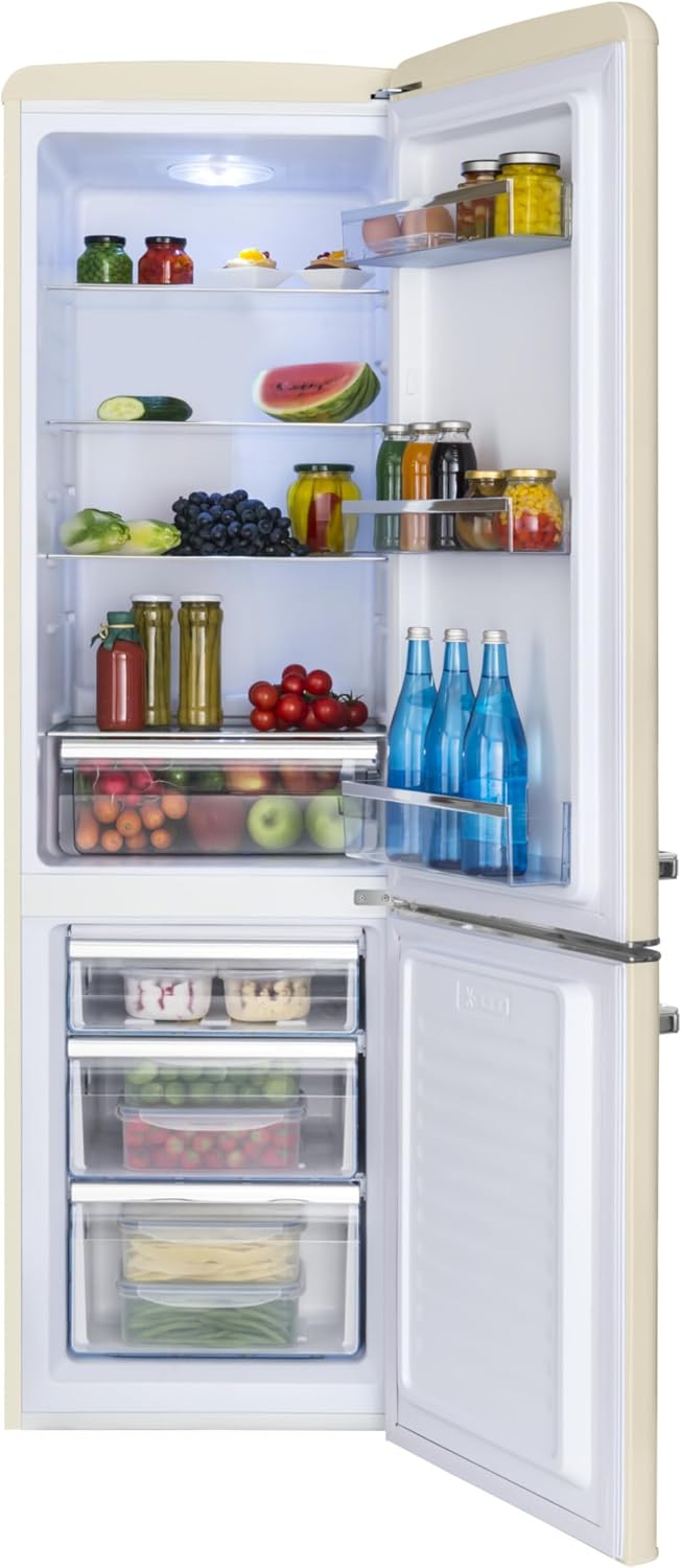 Amica Retro Kühlschrank freistehend mit Gefrierfach 244 l LED Beleuchtung Glasablagen Chrom Flaschengitter 181 x 55 x 62 cm Beige - Kühl Gefrierkombination