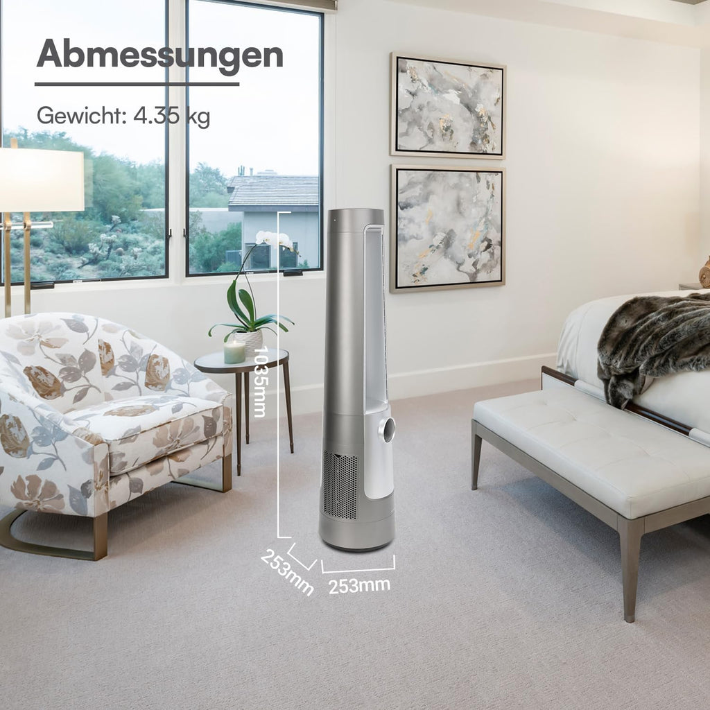 BE COOL AuraSilk Turmventilator 103 cm mit H13-HEPA Filter, rotorlos, 12 Stufen, 55 W DC-Motor, Fernbedienung, Timer, Schwenkfunktion, Luftreiniger