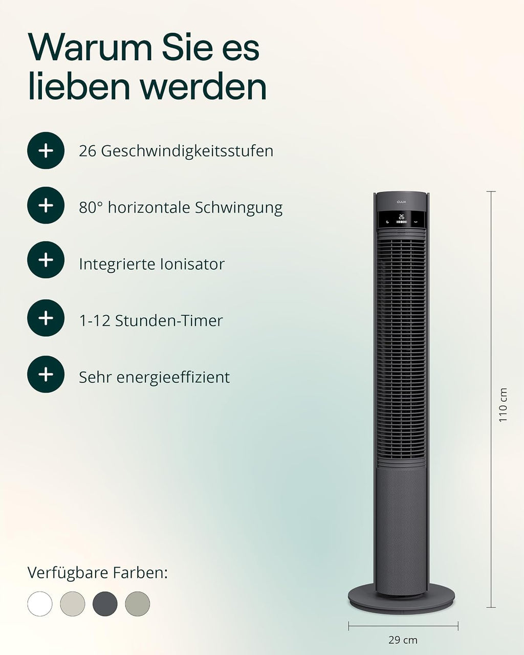 Duux Elevate Turmventilator – 12 Geschwindigkeiten, 80° Oszillation, Nur 25 dB, Ionisator, Timer (1–12h), Schlafmodus, Touch & Fernbedienung – Leiser & Smart Ventilator für Schlafzimmer/Büro - Grau