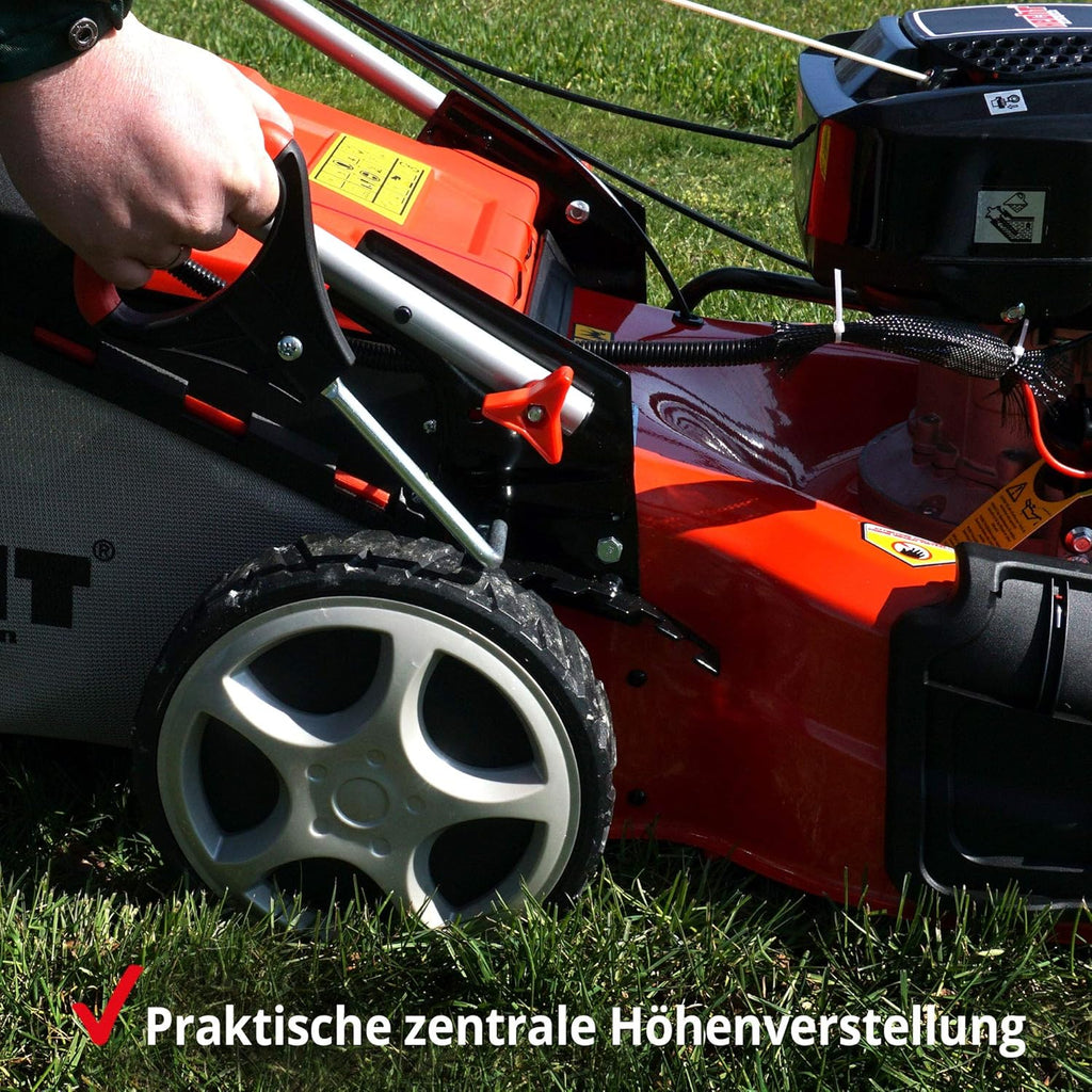 HECHT 5-IN-1 Benzin Rasenmäher – leistungsstarker 4 Takt Eco Motor 4,4 kW (6,0 PS) – Seilzug Starter – mit 53 cm Schnittbreite – 75 l Fangkorb – Radantrieb – patentierte Räder – EasyClean – Mulchmäher