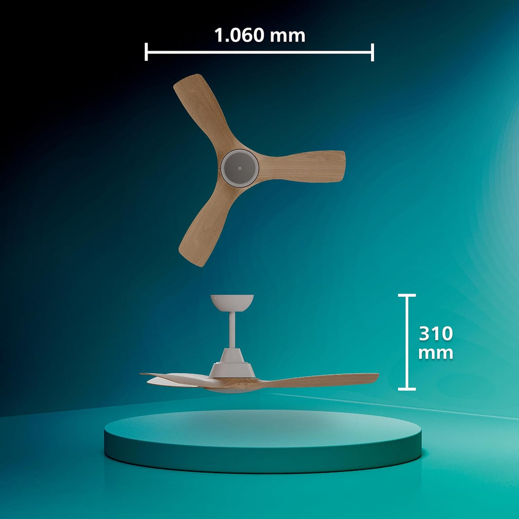 PHILIPS Olas Deckenventilator mit LED-Leuchte, 3 Flügel, 106 cm Durchmesser, 2650 Lumen, einstellbares weißes Licht von 3000 K bis 6500 K, dimmbar auf 5%, inklusive Fernbedienung, weiß/Holz, modern