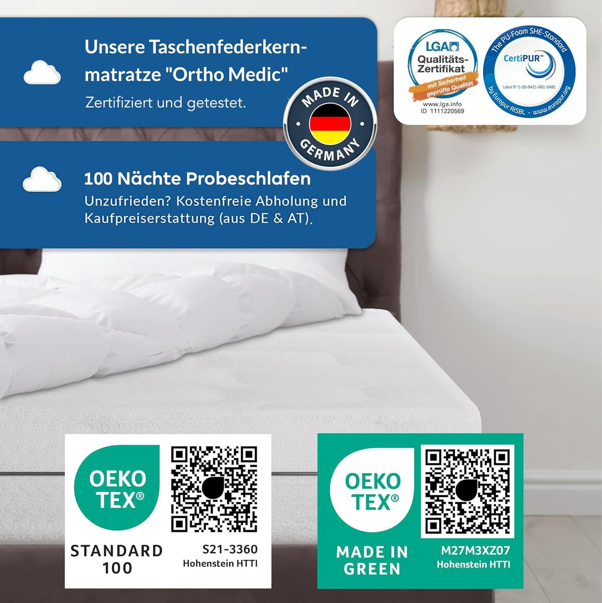 BMM Matratze 140x200 cm Ortho Medic Taschenfederkernmatratze Härtegrad H2/Öko-Tex Zertifiziert/ergonomische 7 Zonen Matratze Höhe 21 cm/Matratzen produziert in Deutschland