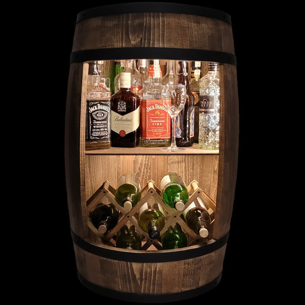 weeco Fassbar mit LED Beleuchtung und Weinhalter. Weinregal - Holzfass Hausbar 80cm. Rustikaler deko Barschrank Weinständer – Fass. Fassbier, Wein Flaschenständer - Bar Whisky Geschenk (Dunkelbraun)