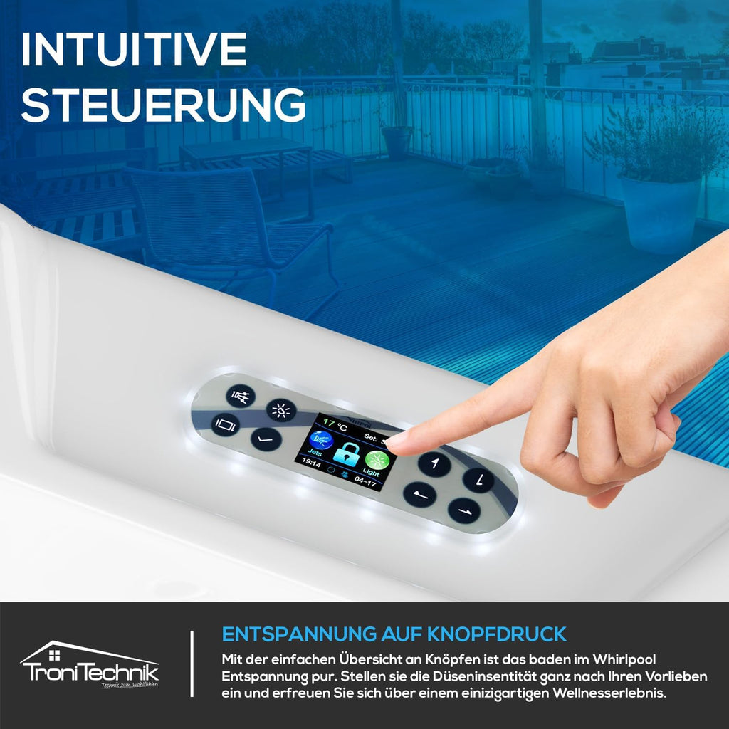 Tronitechnik® Outdoor Whirlpool Spa PANAREA außen Badewanne weiß 210cm x 210cm mit Heizung, Hydromassage und Farblichtherapie