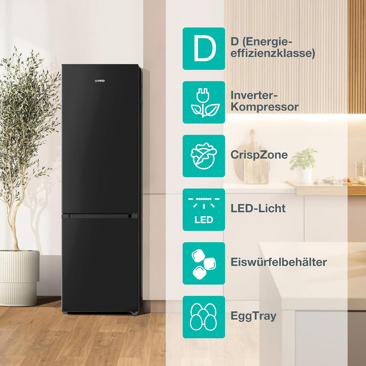 Gorenje RK418DPB4I Kühl-Gefrierkombination, 180cm Höhe, 268 Liter(197L plus 71L), CrispZone, Inverter-Kompressor, LED Licht, Türanschlag wechselbar, BxHxT: 55 × 180 × 55,8 cm, Schwarz