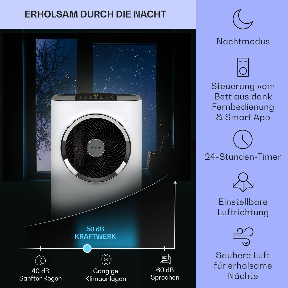 Klarstein Mobile Klimaanlage mit Abluftschlauch, 5-in-1 Klimagerät, Ventilator, Luftentfeuchter, Luftreiniger & Nachtmodus, App-Steuerung, Kleine & Portable, für Wohnung & Büro, 12000 BTU