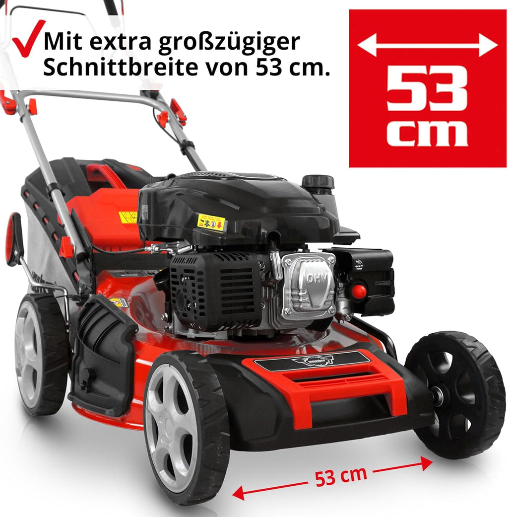 HECHT 5-IN-1 Benzin Rasenmäher – leistungsstarker 4 Takt Eco Motor 4,4 kW (6,0 PS) – Seilzug Starter – mit 53 cm Schnittbreite – 75 l Fangkorb – Radantrieb – patentierte Räder – EasyClean – Mulchmäher