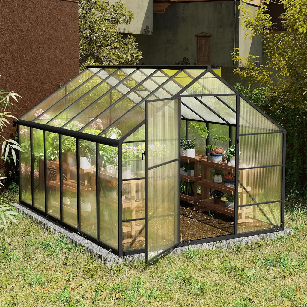LZQ Gartengewächshaus Aluminium mit Fundament 380x250x205 cm Gewächshaus Pflanzenhaus mit Schiebetür und Dachfenster Treibhaus Gartenhaus Winterfest Aufzucht Tomatenhaus (8x12 ft)