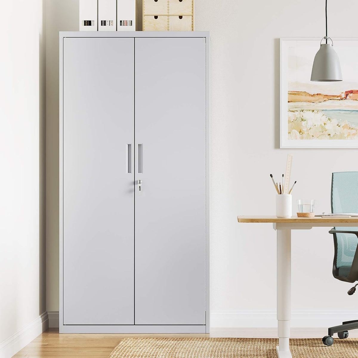SONGMICS Aktenschrank, Mehrzweckschrank, Stahl-Aufbewahrungsschrank, 5 Ebenen, Doppeltüren, Schloss, Werkzeugschrank, verstellbare Ablagen, Garage, Büro, Wohnzimmer, grau OMC015G01